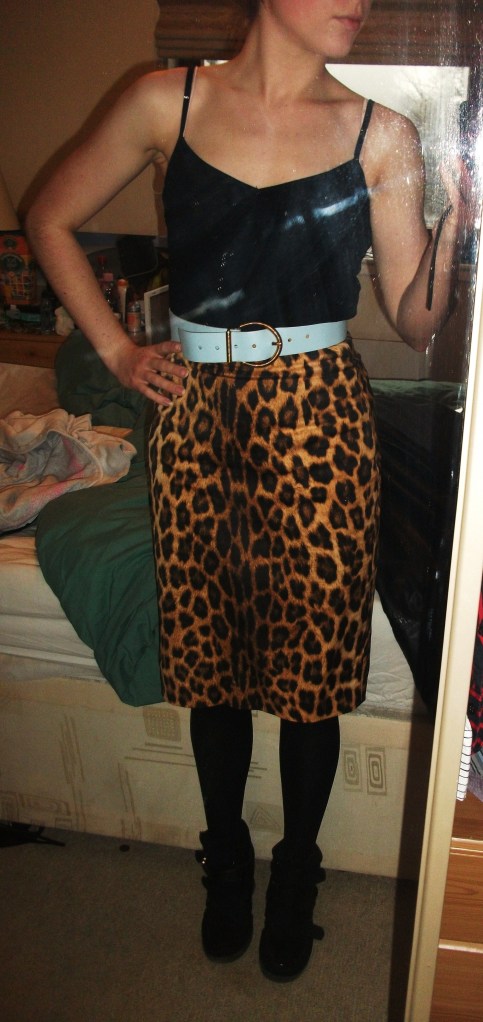 Leopard print skirt, Zara, £17.99 in the sale, Strap top H&M, £7 and powder blue belt, £1.50 PDSA charity shop, Inverness
